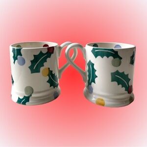 Pair of Emma Bridgewater polka holly half pint mugs NWT Christmas festive